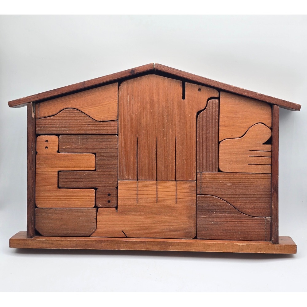 Vintage Wooden Animal Puzzle Nativity Set Brown Handcrafted Folk Art 12in